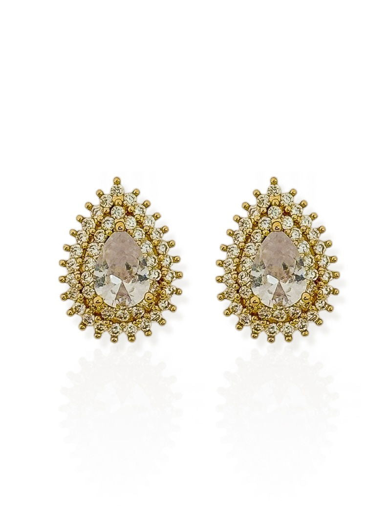 Brinco Folheado a Ouro 18k e Prata Gota Cravejada com Ponto de Luz
