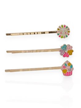 Grampo de Cabelo Infantil Folheado a Ouro 18k Cupcake, Flor e Sol Colorido
