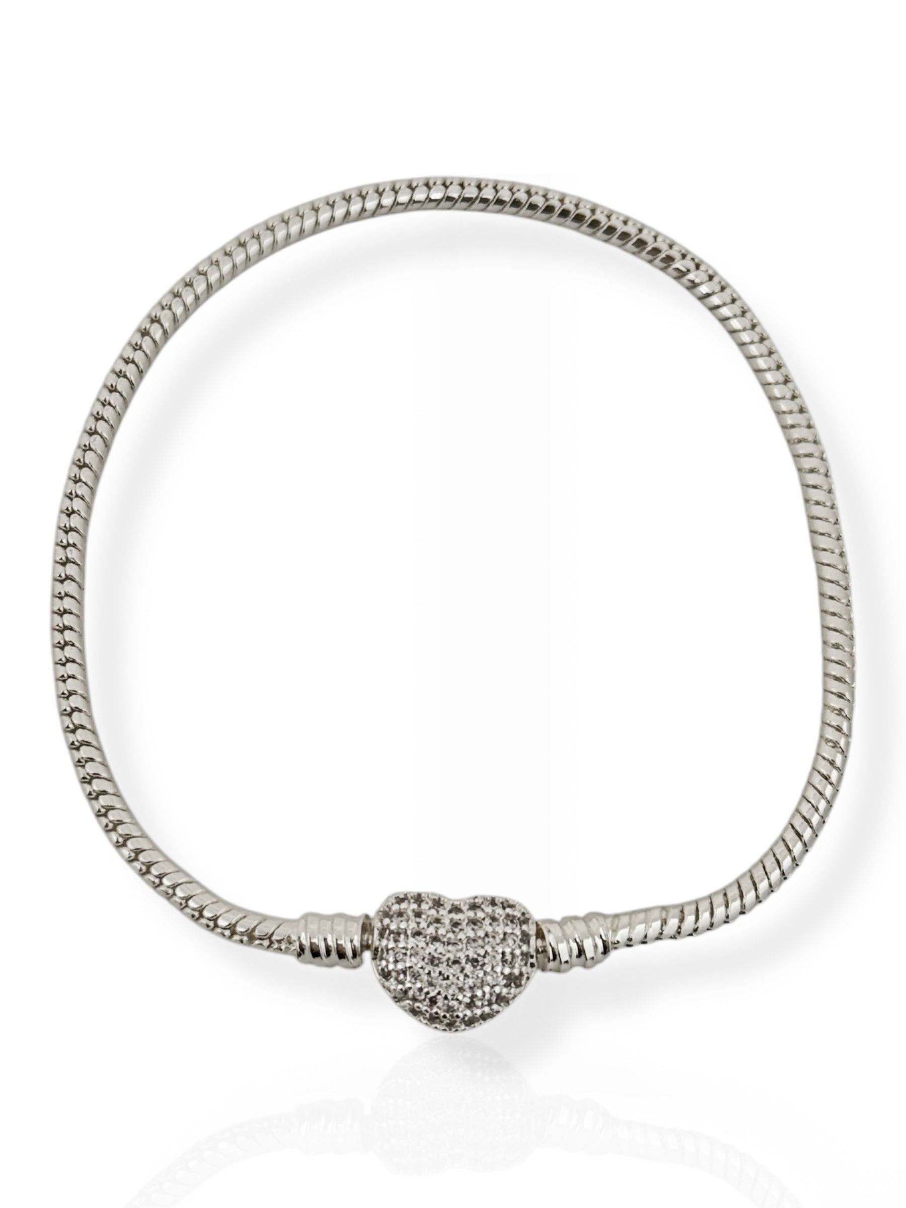 Pulseira Life Folheado a Prata 925 para Berloque e Charm Coração Cravejado