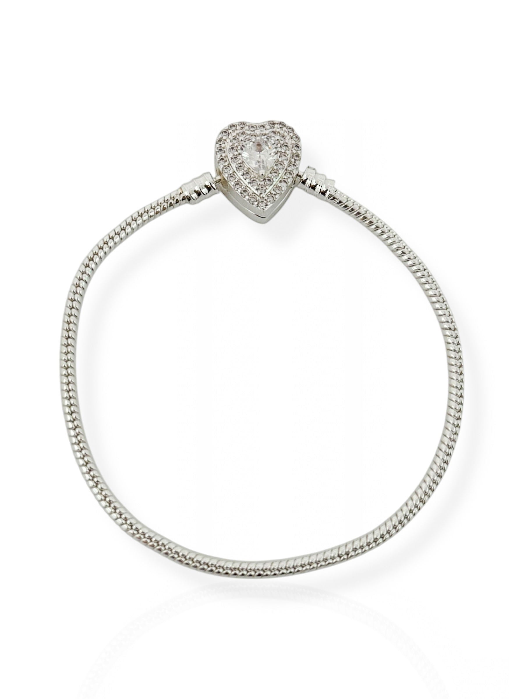 Pulseira Life Folheado a Prata 925 para Berloque e Charm Coração Cravejado Com Cristal