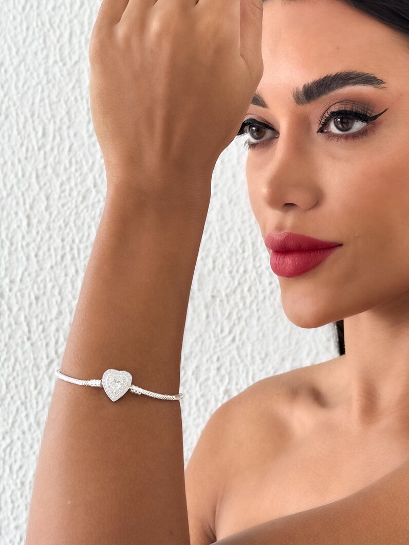 Pulseira Life Folheado a Prata 925 para Berloque e Charm Coração Cravejado Com Cristal