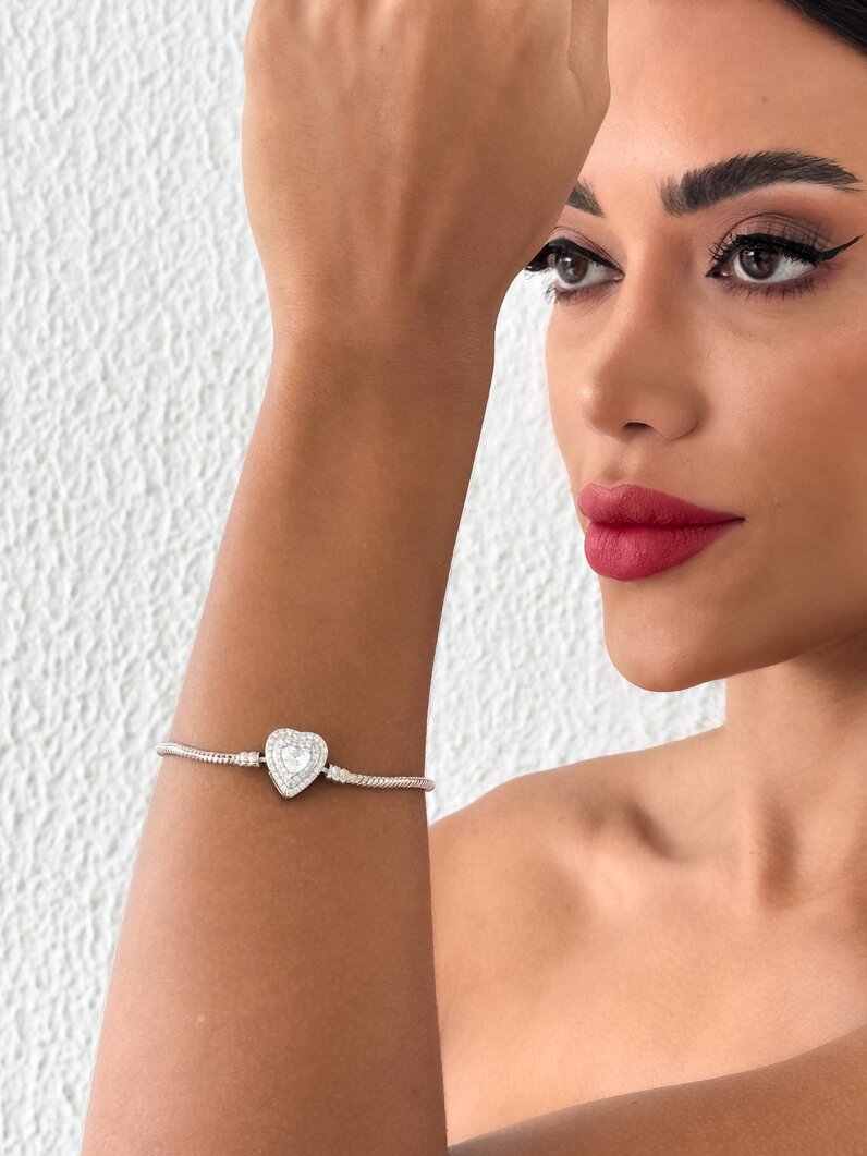 Pulseira Life Folheado a Prata 925 para Berloque e Charm Coração Cravejado Com Cristal